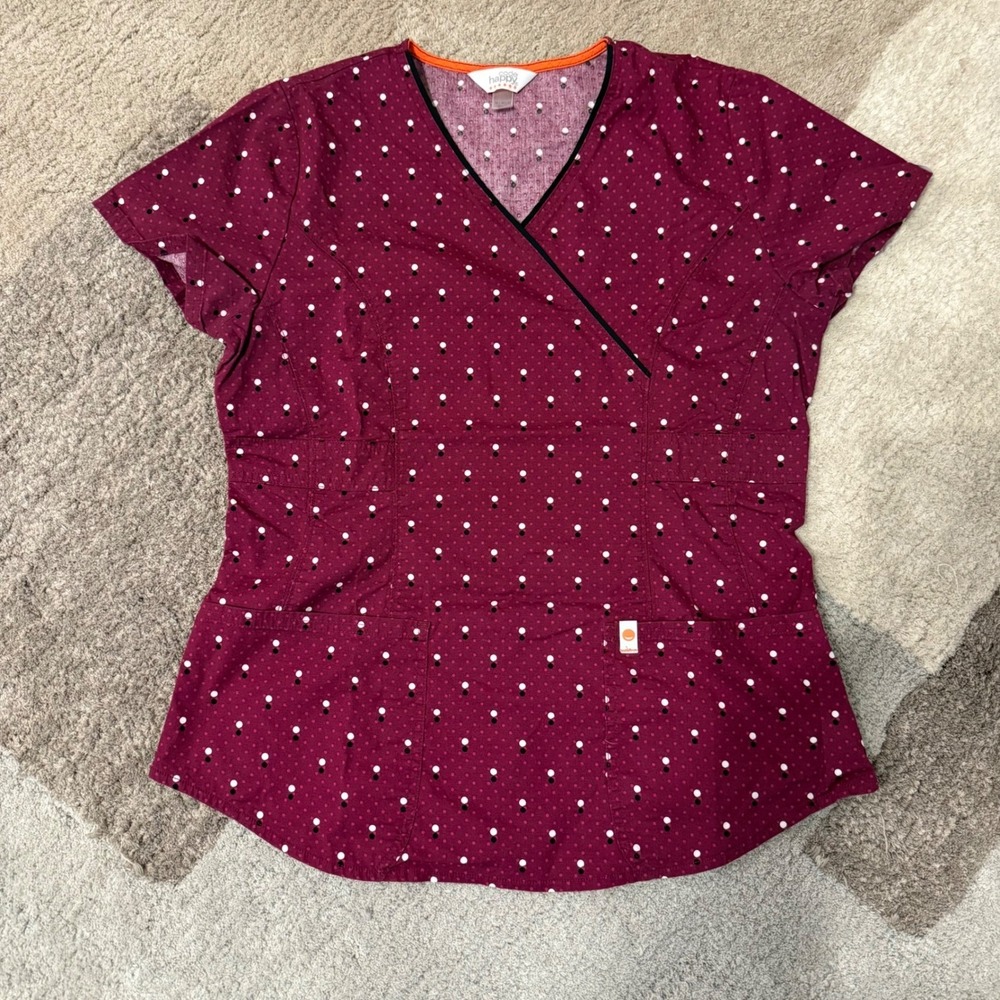 Code Happy V-Neck Scrub Top Womens Medium‎ Maroon Polka Dot 46609A Stretch
